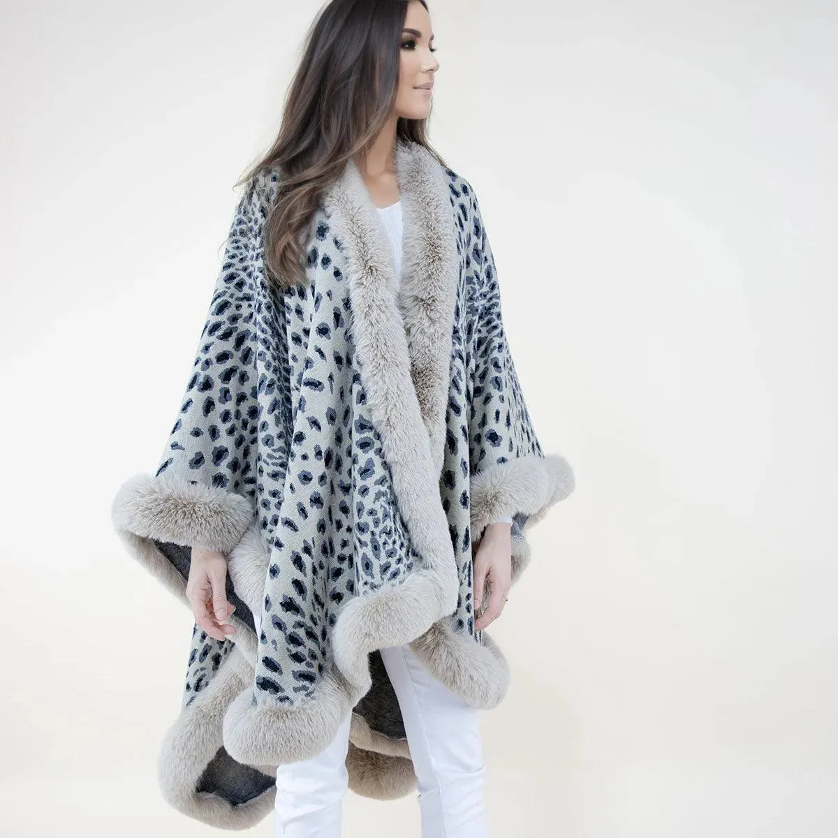 Stylish Beige Cheetah Print Faux Fur Wrap: Shawl Cape Ruana for Women