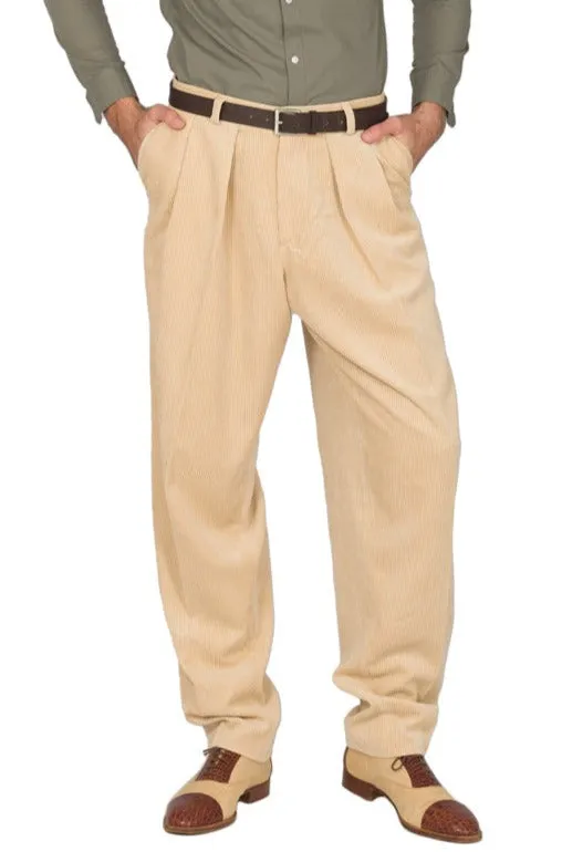 Tapered Cream Beige Corduroy Tango Pants With Two Big Pleats