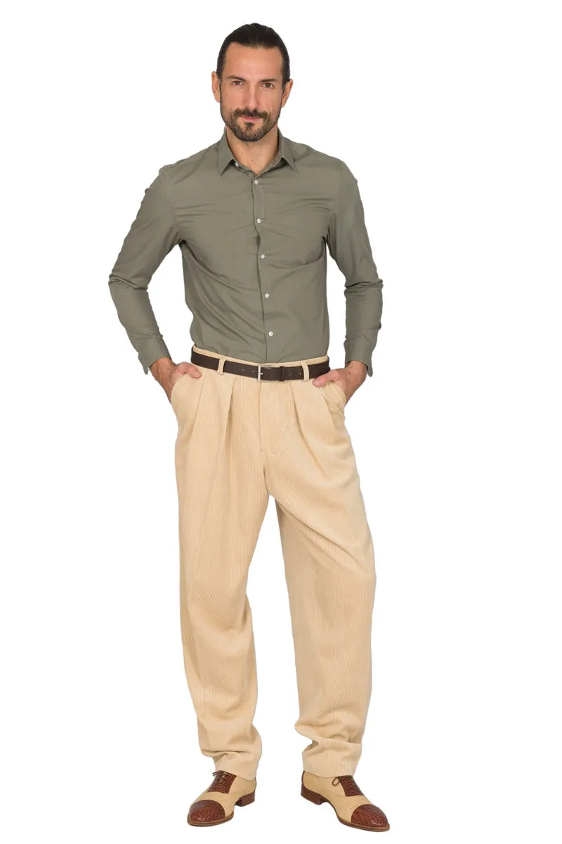 Tapered Cream Beige Corduroy Tango Pants With Two Big Pleats