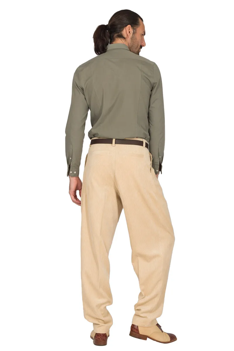 Tapered Cream Beige Corduroy Tango Pants With Two Big Pleats