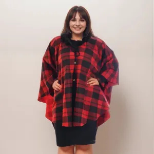 TARTAN FLEECE OVERSIZED PONCHO / CAPE WITH FAUX FUR COLLAR