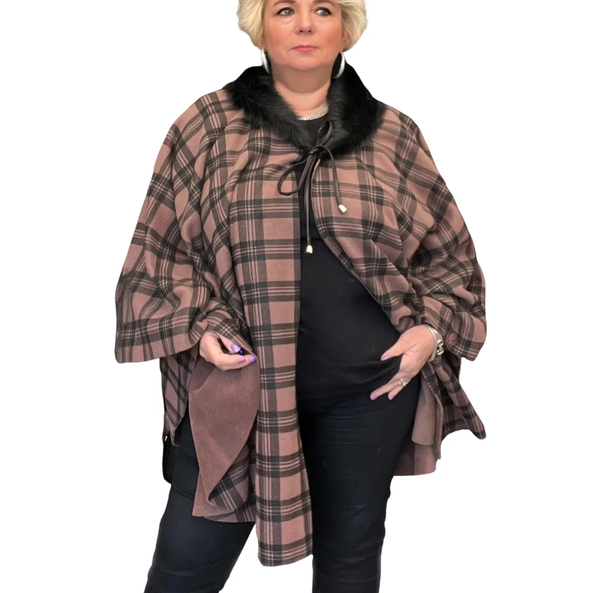 TARTAN FLEECE OVERSIZED PONCHO / CAPE WITH FAUX FUR COLLAR