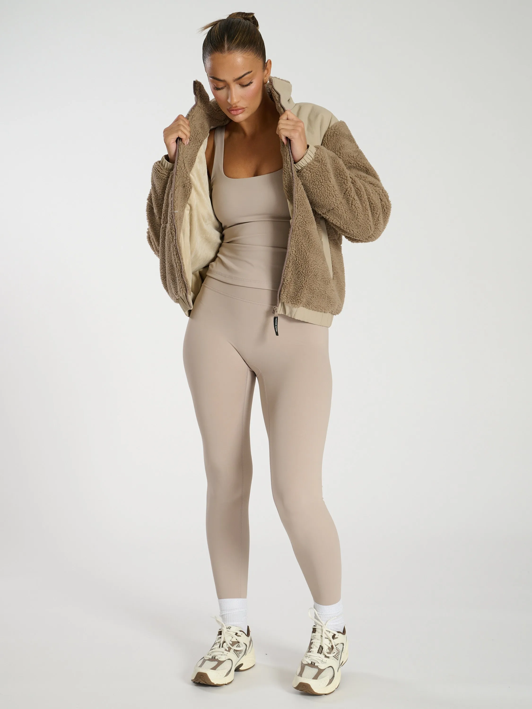 The 'Cold Outside' Cosy Zip Up Teddy Fleece Jacket in Taupe