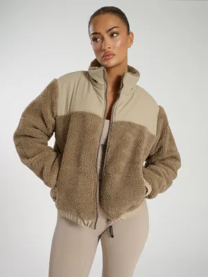 The 'Cold Outside' Cosy Zip Up Teddy Fleece Jacket in Taupe