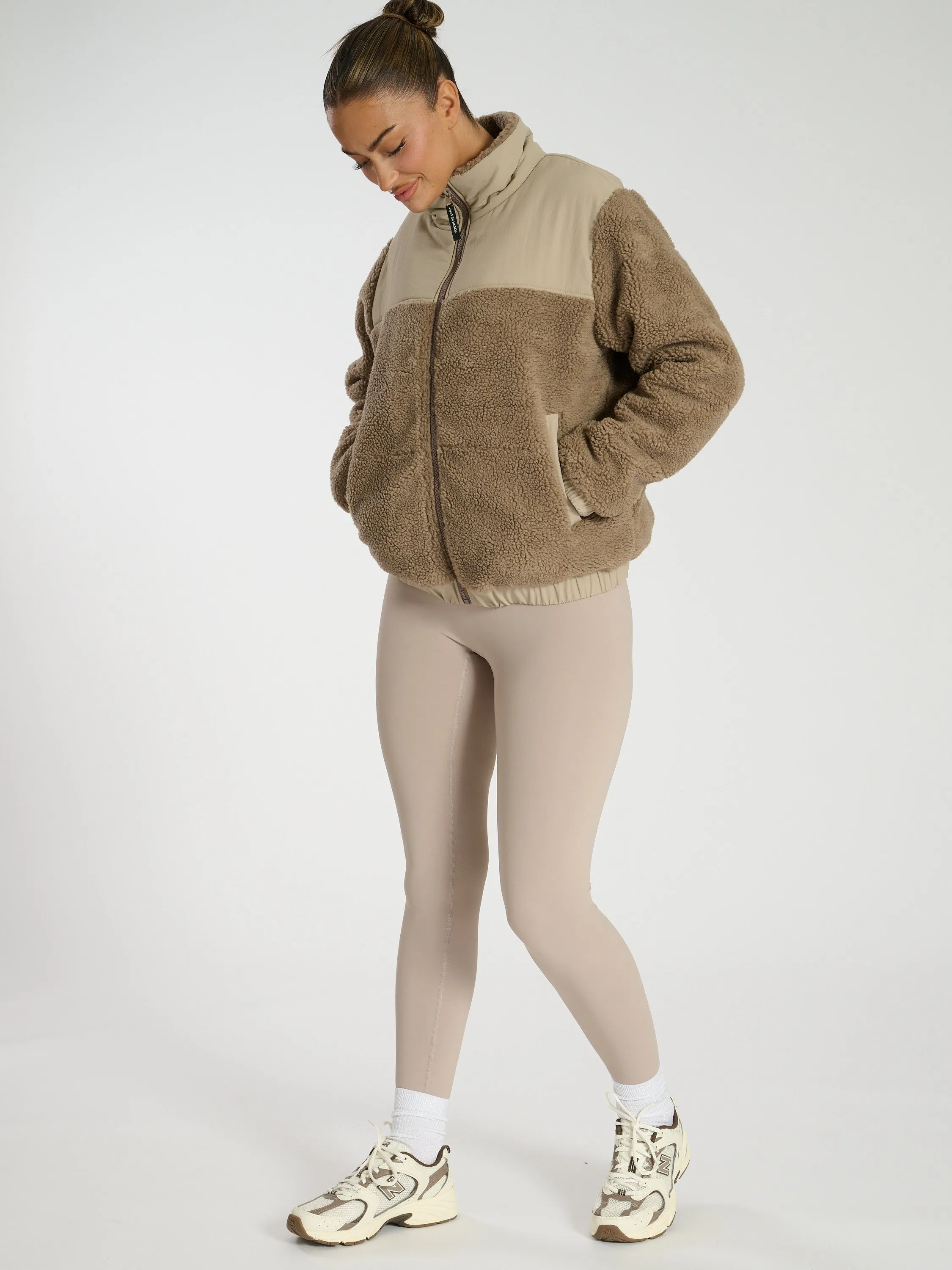 The 'Cold Outside' Cosy Zip Up Teddy Fleece Jacket in Taupe