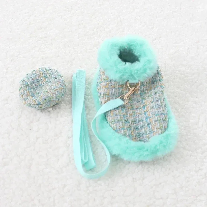 Tres Chic Aqua Tweed Dog Coat, Hat & Leash Set