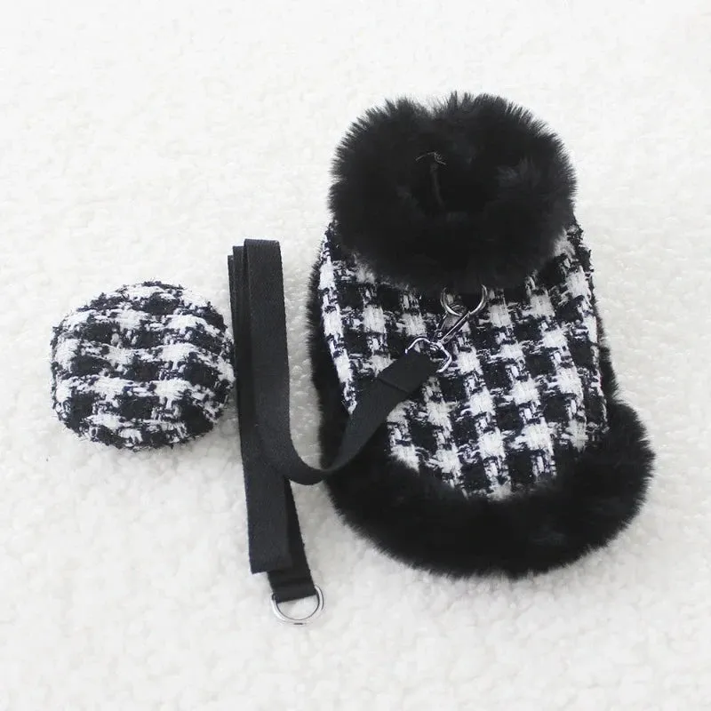 Tres Chic Black Houndstooth Dog Coat, Hat & Leash Set