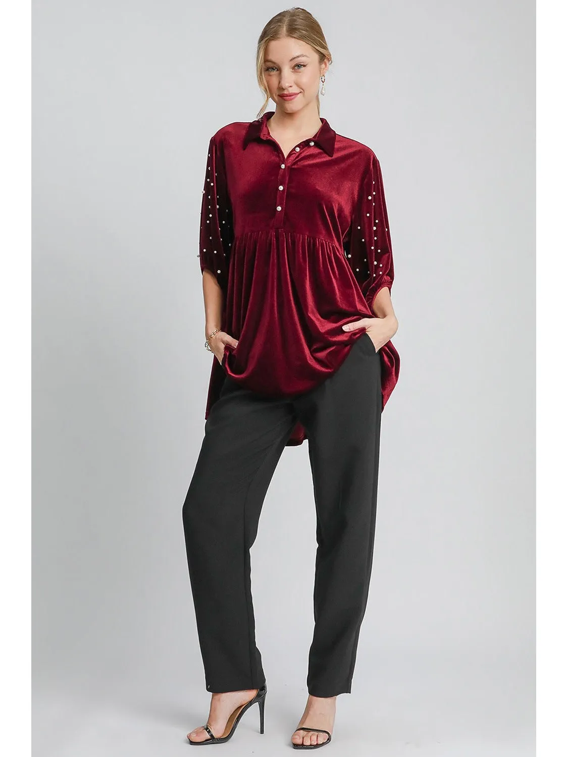 Umgee Pearl Detail Collared Neck Velvet Babydoll Blouse