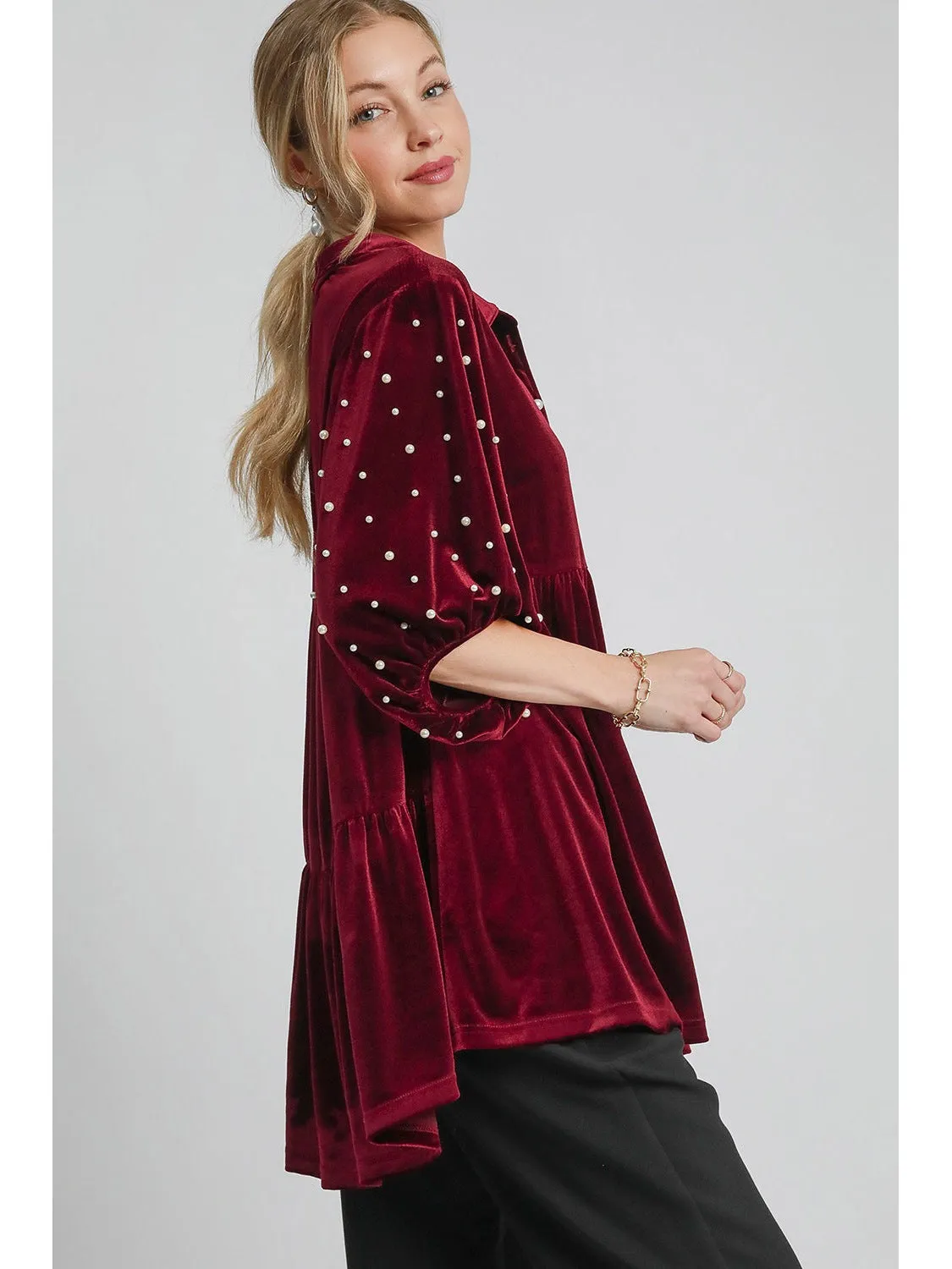 Umgee Pearl Detail Collared Neck Velvet Babydoll Blouse