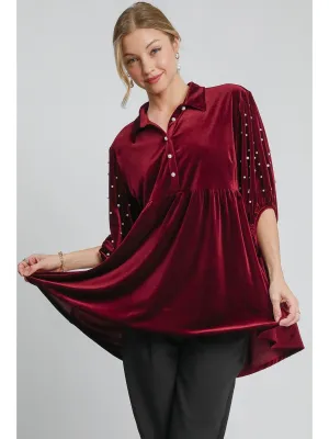 Umgee Pearl Detail Collared Neck Velvet Babydoll Blouse