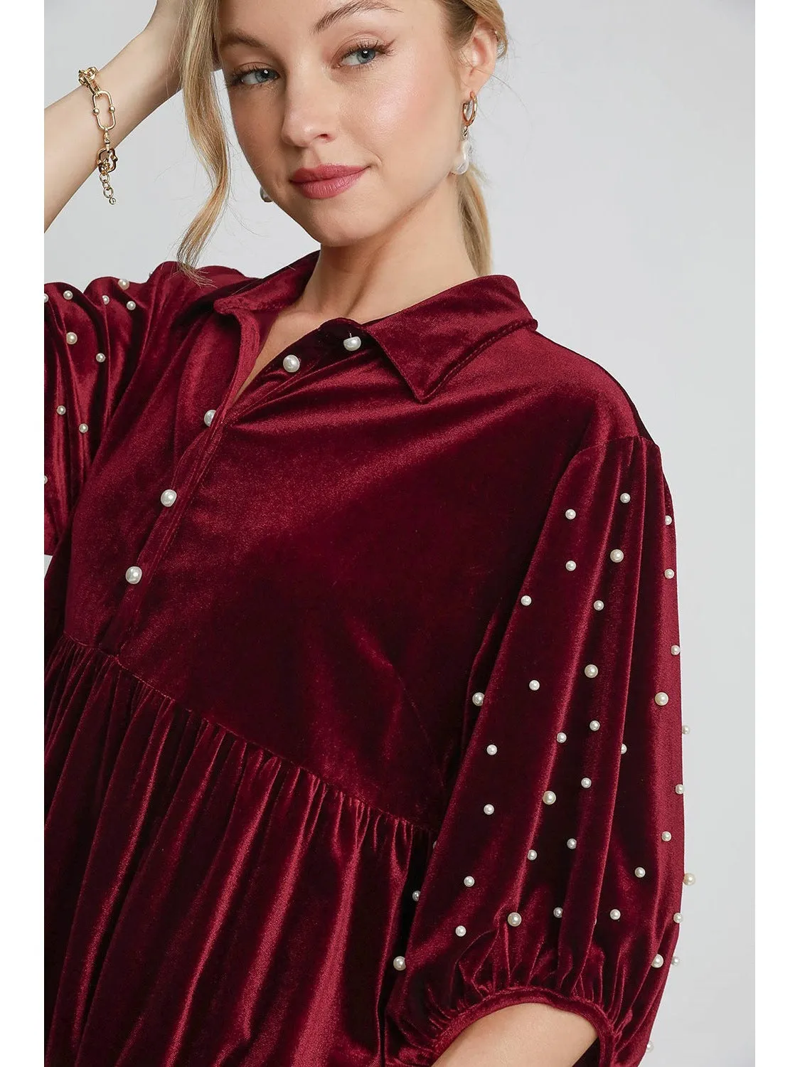 Umgee Pearl Detail Collared Neck Velvet Babydoll Blouse