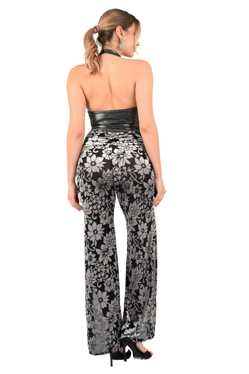 Velvet Floral Print Tango Pants With Slits