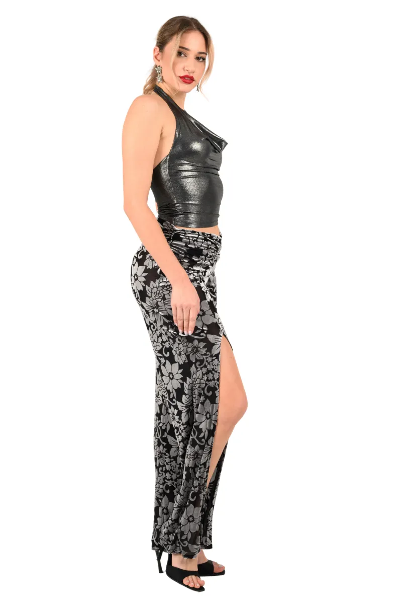 Velvet Floral Print Tango Pants With Slits