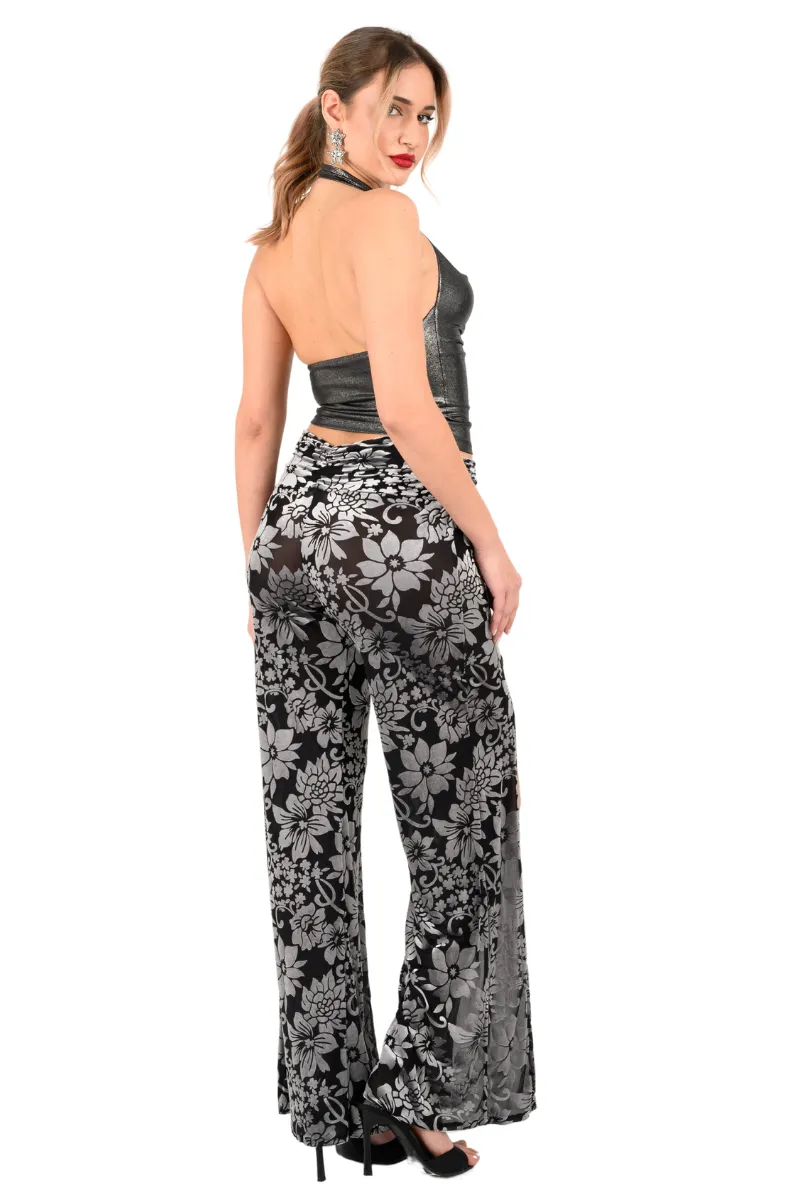 Velvet Floral Print Tango Pants With Slits