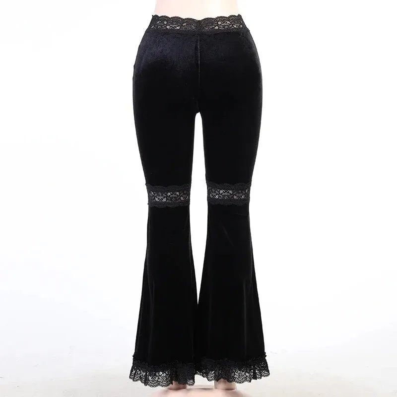 Vvsha  party look inspos Mall Goth High Waist Flared Pants Aesthetic Sexy Lace Patchwork Women's Pants Vintage Elegant Velvet Christmas Trousers