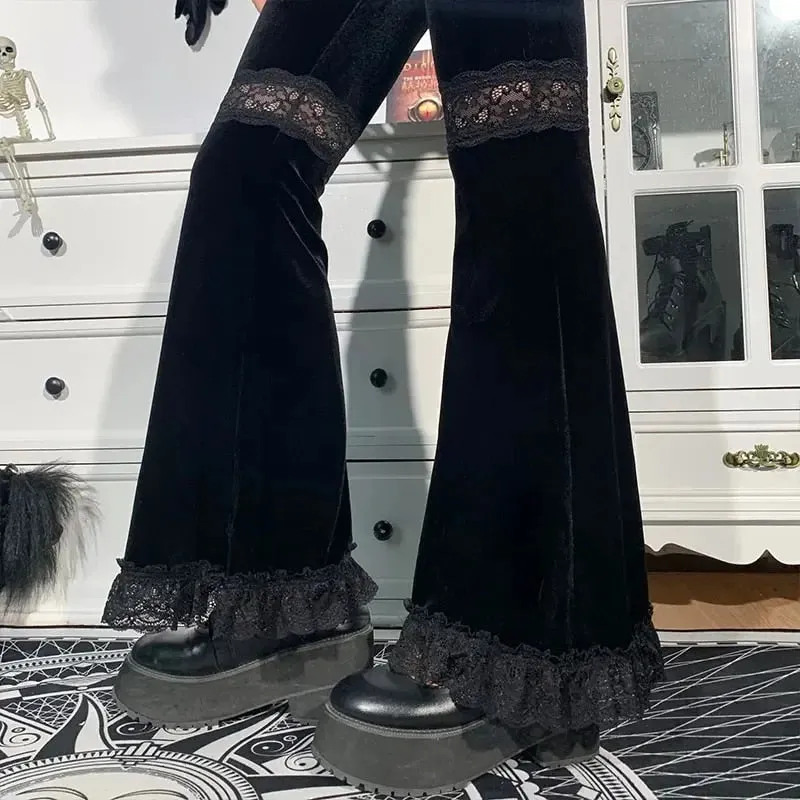 Vvsha  party look inspos Mall Goth High Waist Flared Pants Aesthetic Sexy Lace Patchwork Women's Pants Vintage Elegant Velvet Christmas Trousers