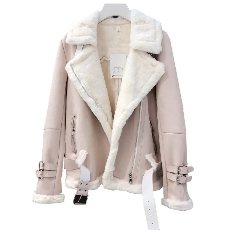 Winter Suede Jacket Women Thick Motorcycle Lambs Wool Coat Female Shearling Overcoat