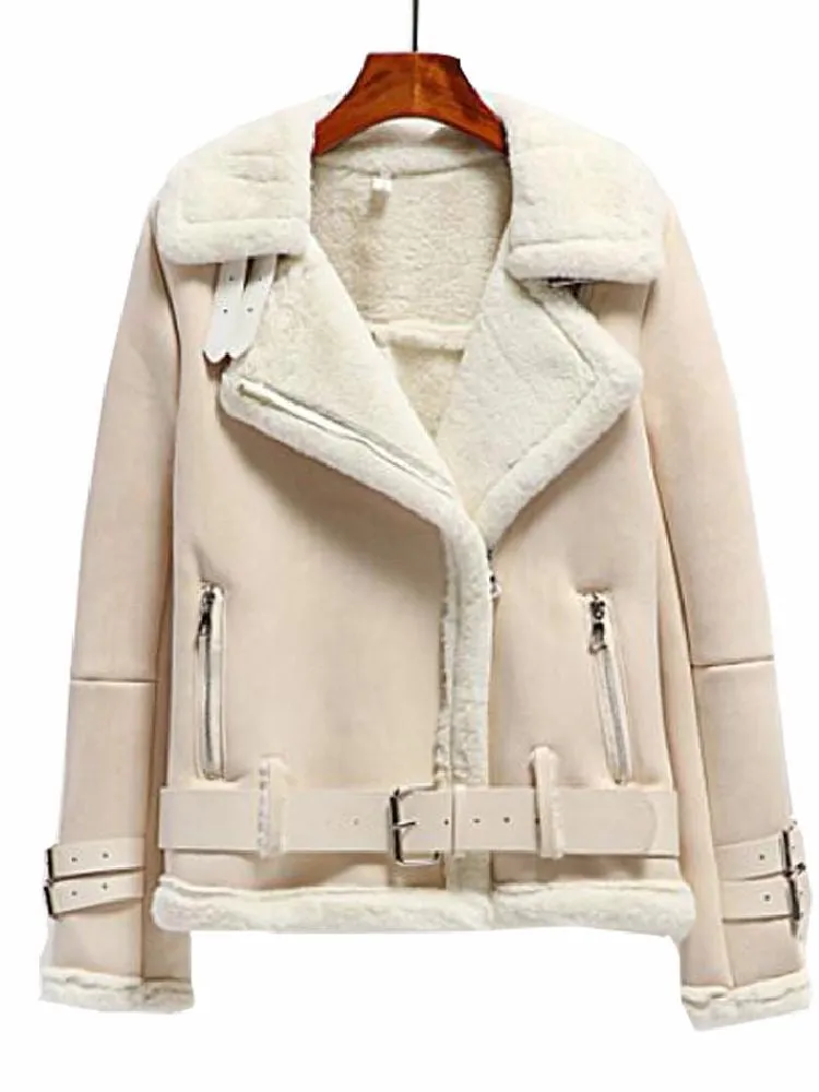 Winter Suede Jacket Women Thick Motorcycle Lambs Wool Coat Female Shearling Overcoat