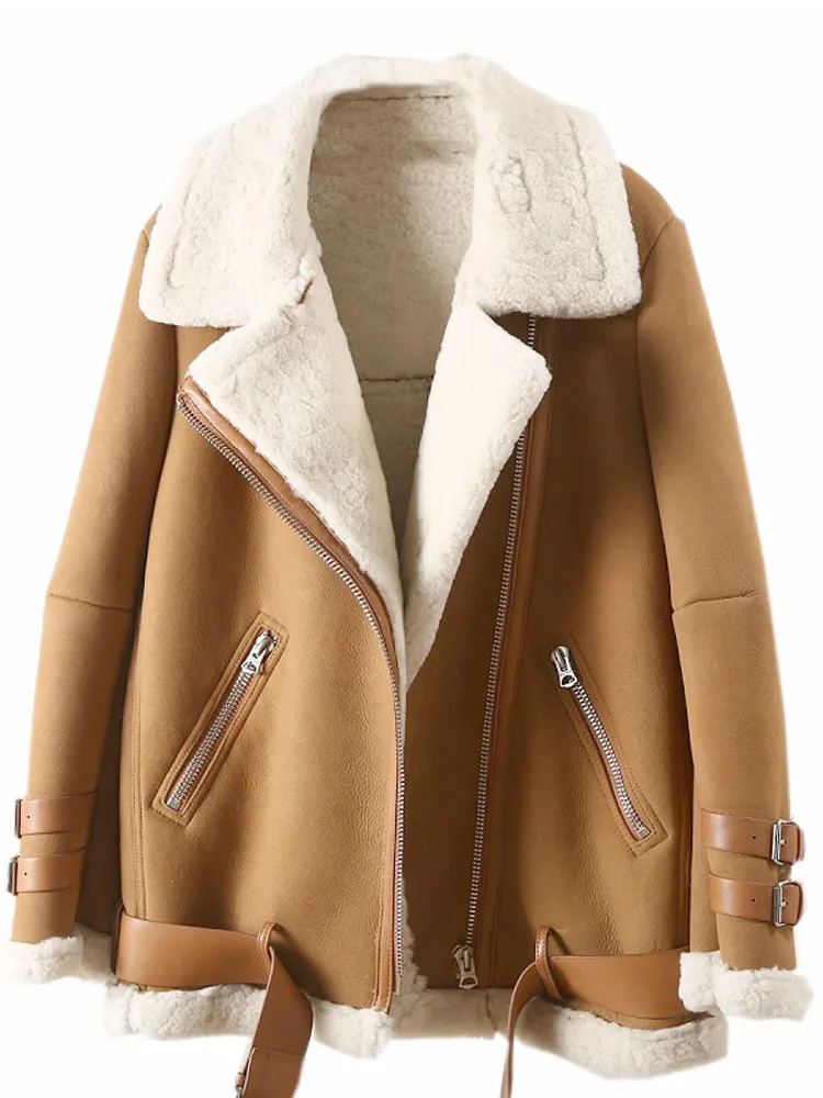 Winter Suede Jacket Women Thick Motorcycle Lambs Wool Coat Female Shearling Overcoat