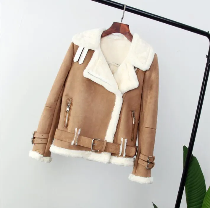 Winter Suede Jacket Women Thick Motorcycle Lambs Wool Coat Female Shearling Overcoat