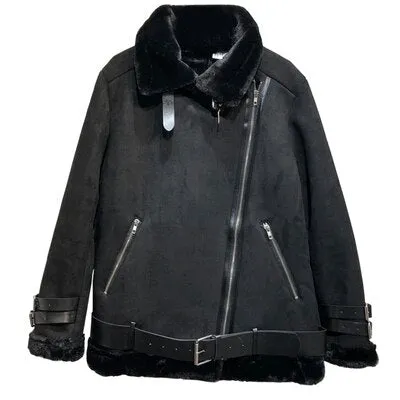 Winter Suede Jacket Women Thick Motorcycle Lambs Wool Coat Female Shearling Overcoat