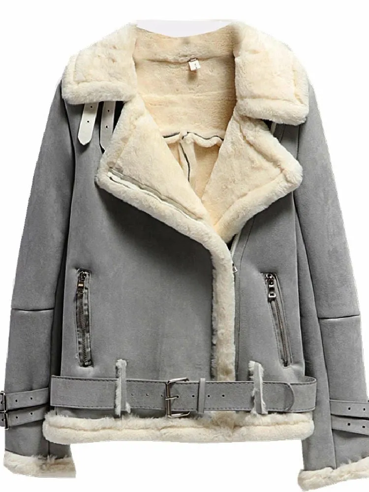 Winter Suede Jacket Women Thick Motorcycle Lambs Wool Coat Female Shearling Overcoat