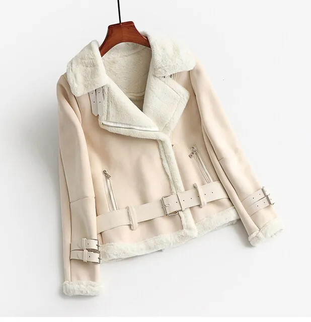 Winter Suede Jacket Women Thick Motorcycle Lambs Wool Coat Female Shearling Overcoat