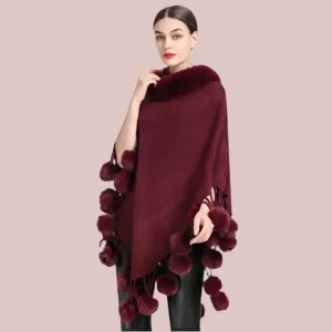 Women's Asymmetric Poncho Scarf with Fur Ball Decoration