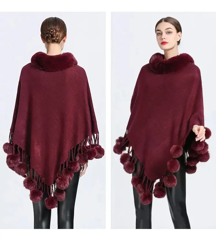 Women's Asymmetric Poncho Scarf with Fur Ball Decoration