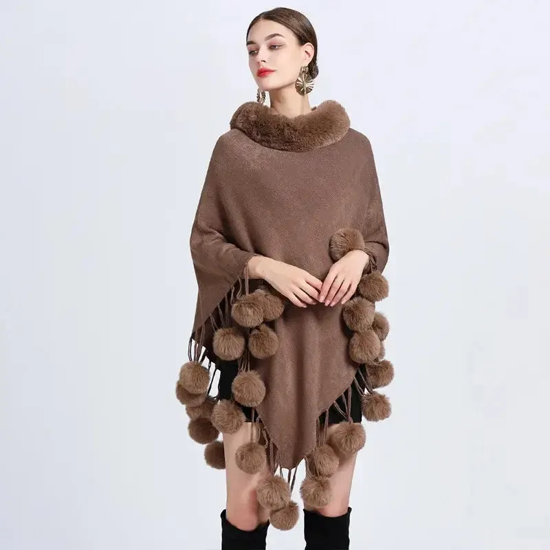 Women's Asymmetric Poncho Scarf with Fur Ball Decoration