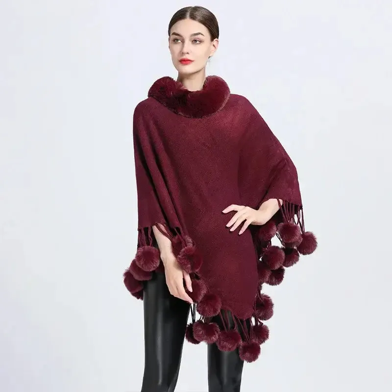 Women's Asymmetric Poncho Scarf with Fur Ball Decoration