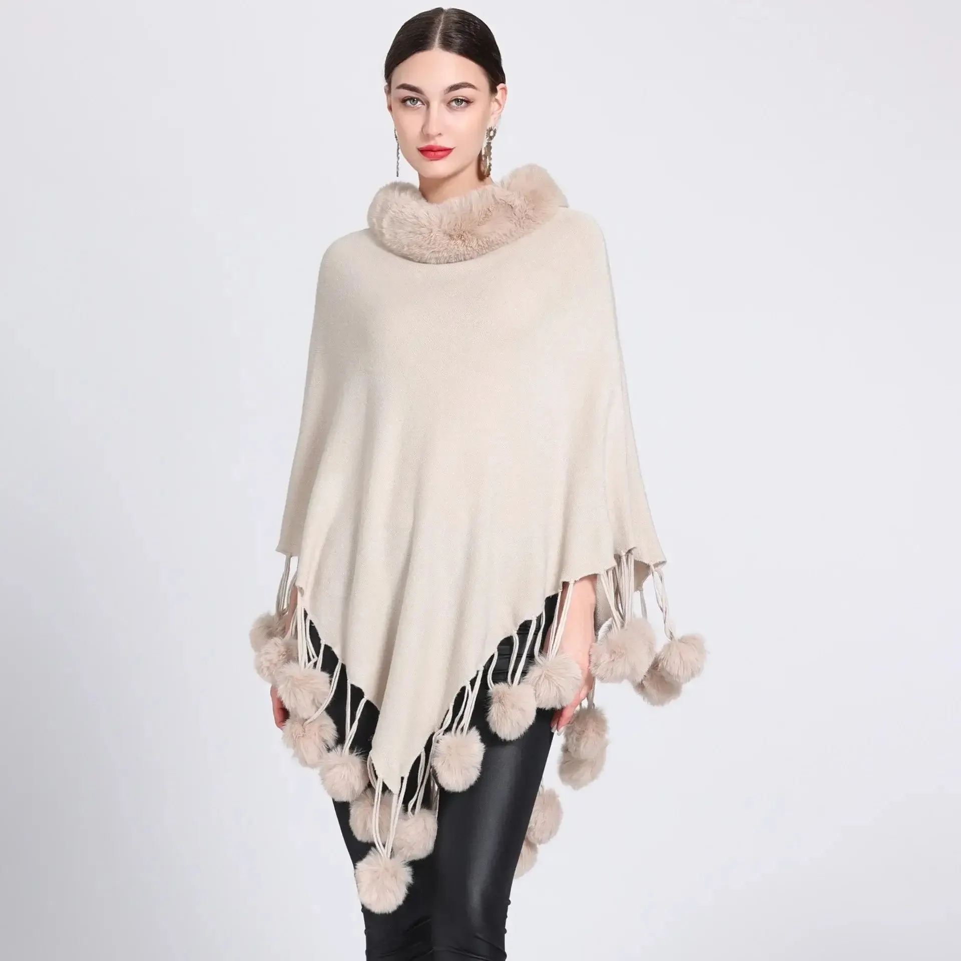 Women's Asymmetric Poncho Scarf with Fur Ball Decoration