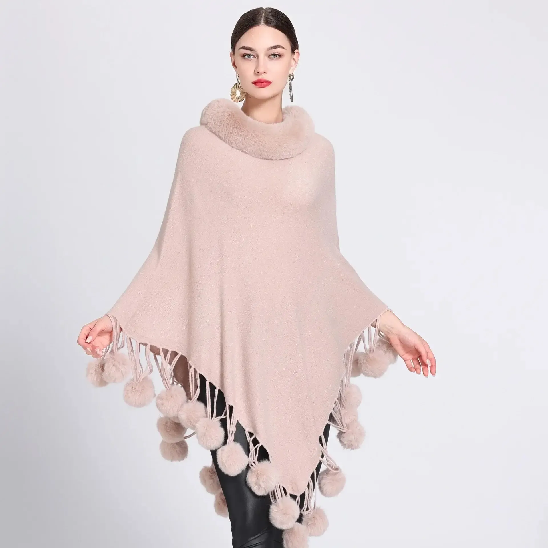 Women's Asymmetric Poncho Scarf with Fur Ball Decoration