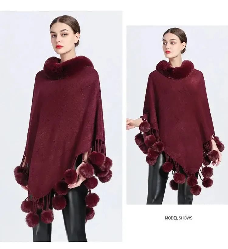 Women's Asymmetric Poncho Scarf with Fur Ball Decoration