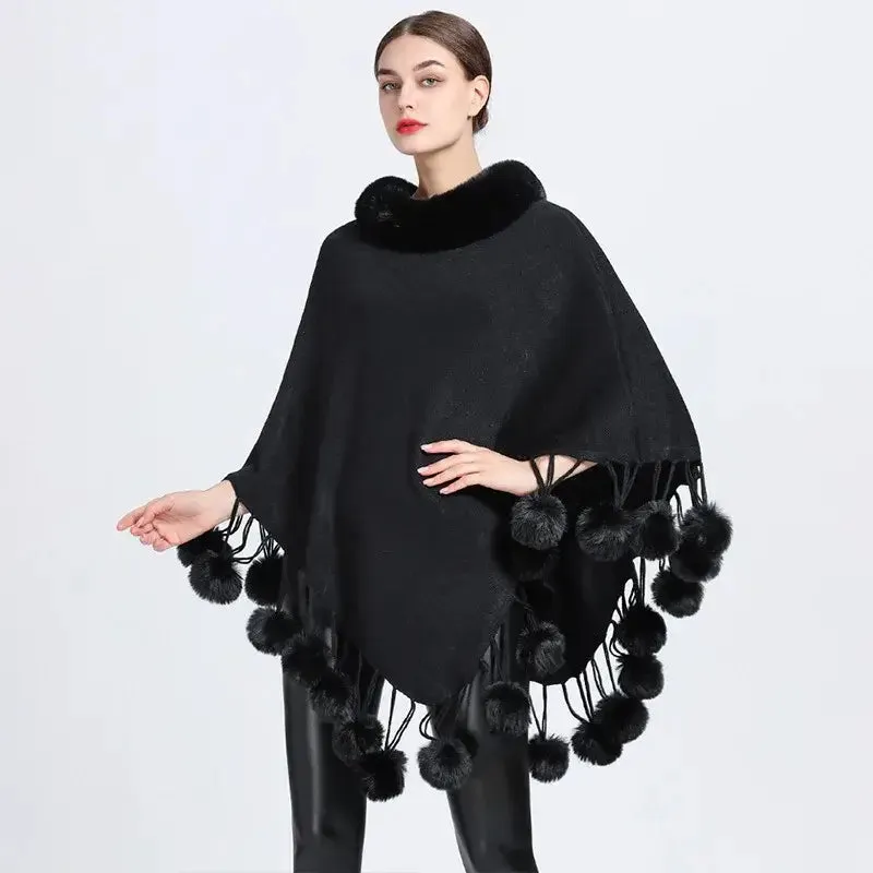 Women's Asymmetric Poncho Scarf with Fur Ball Decoration