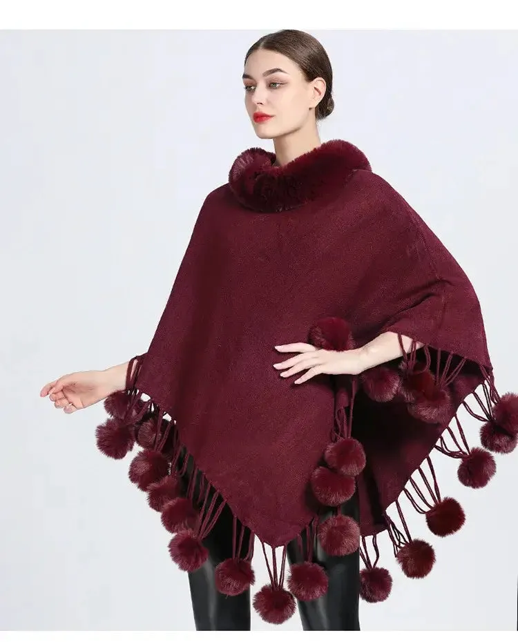 Women's Asymmetric Poncho Scarf with Fur Ball Decoration