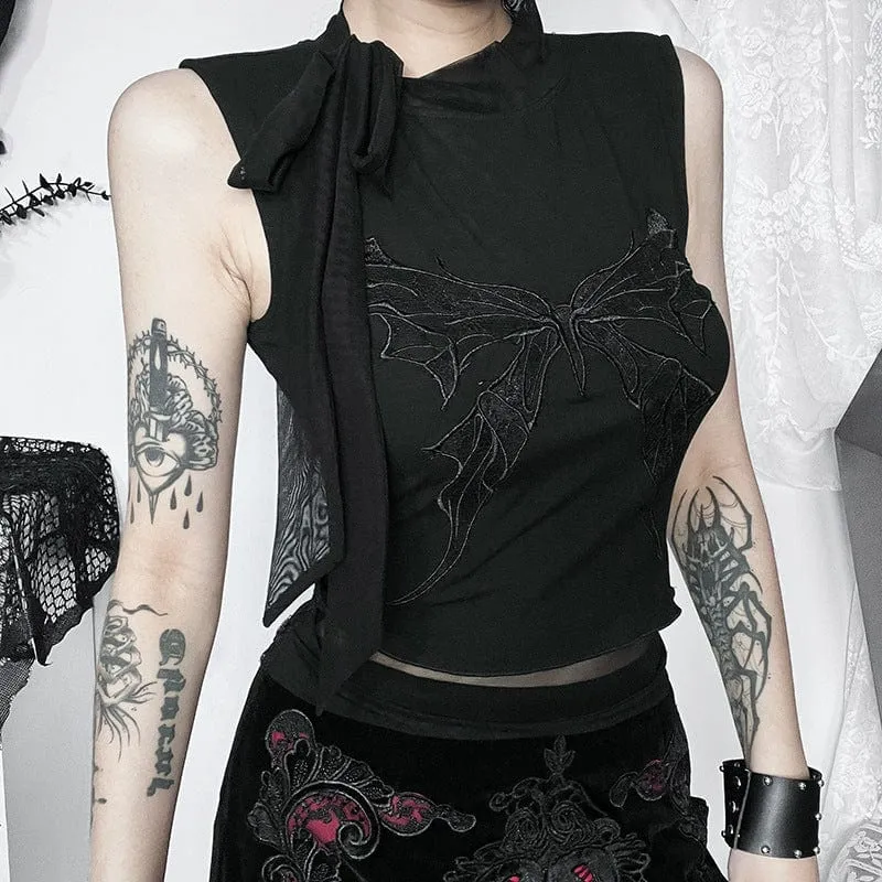 Women's Gothic Butterfly Embroidered Lace-up Tank Top