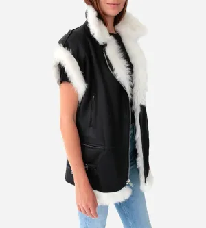 Women's White Fur Leather Biker Vest In Black