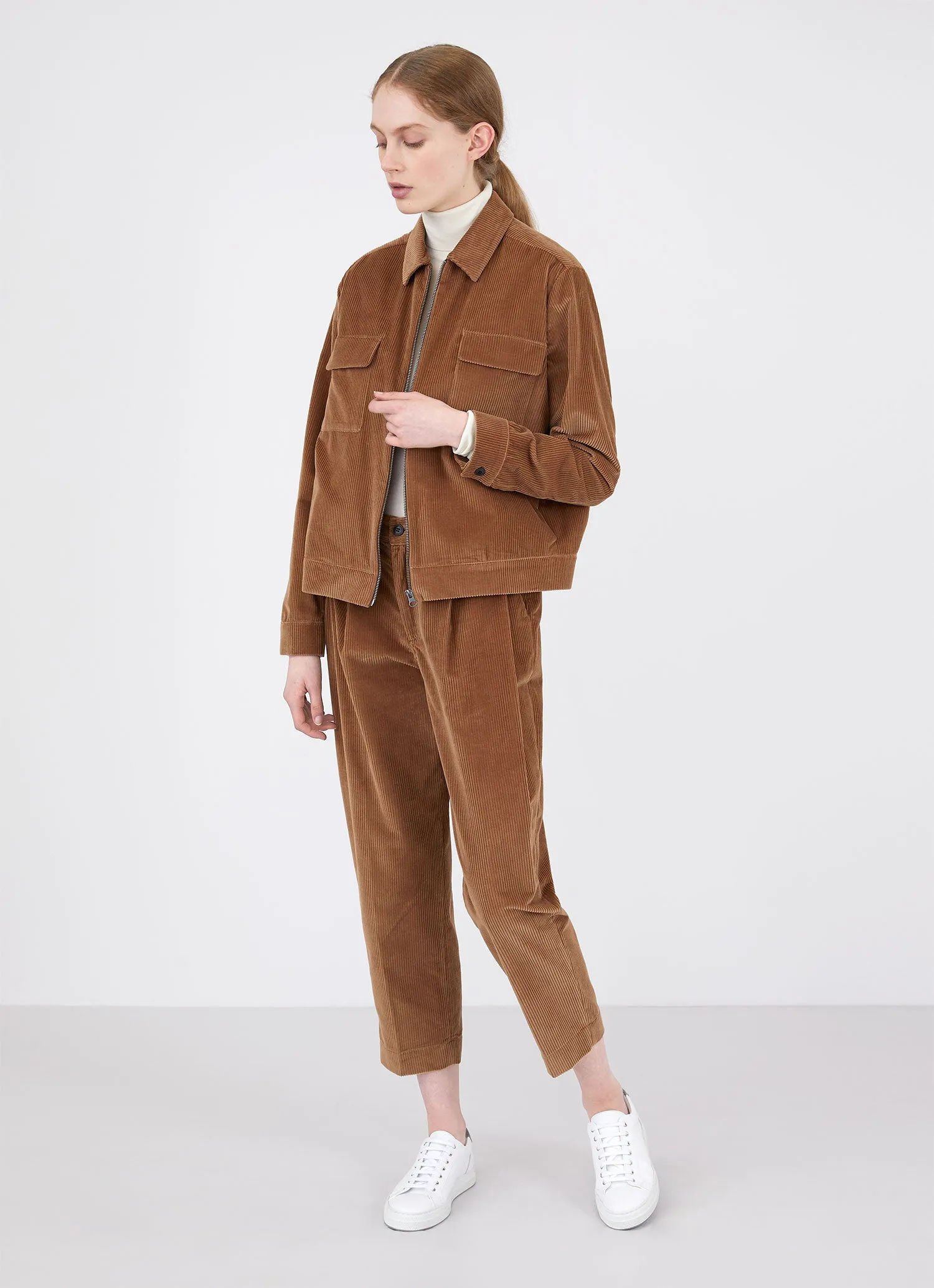 Women's Wide Wale Corduroy Zip Jacket in Dark Camel