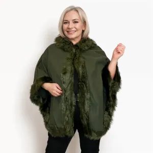 WOOL PONCHO CAPE COAT FAUX FUR EDGING   HOOD