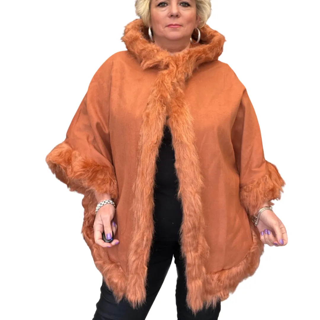 WOOL PONCHO CAPE COAT FAUX FUR EDGING   HOOD