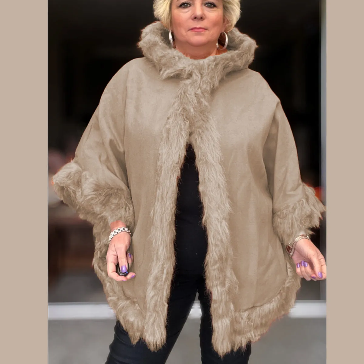 WOOL PONCHO CAPE COAT FAUX FUR EDGING   HOOD