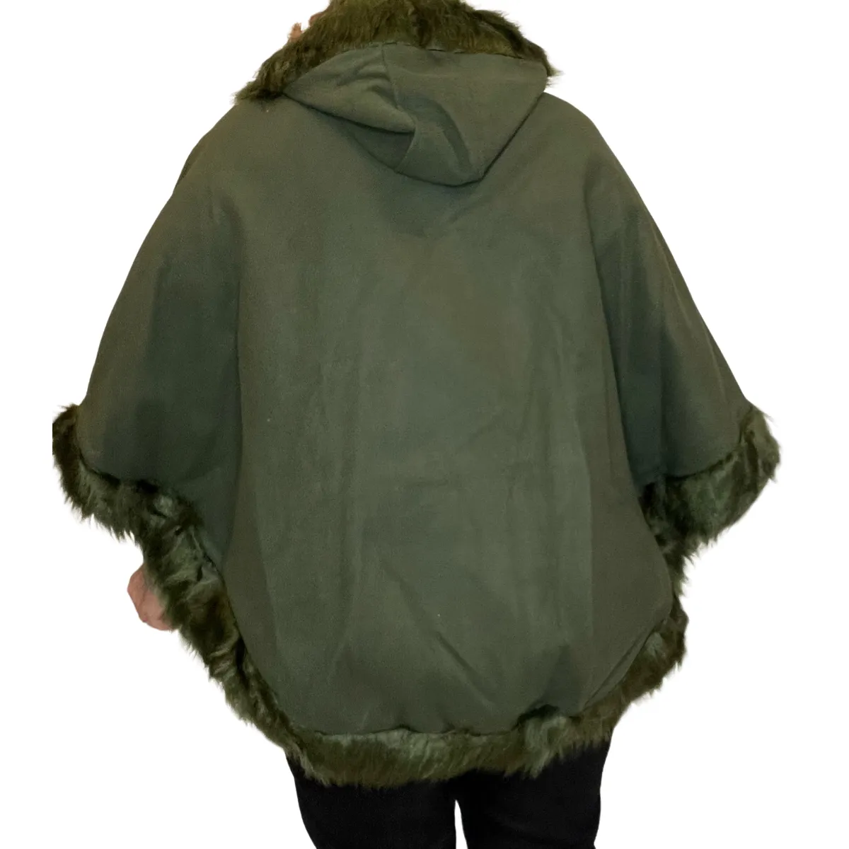 WOOL PONCHO CAPE COAT FAUX FUR EDGING   HOOD