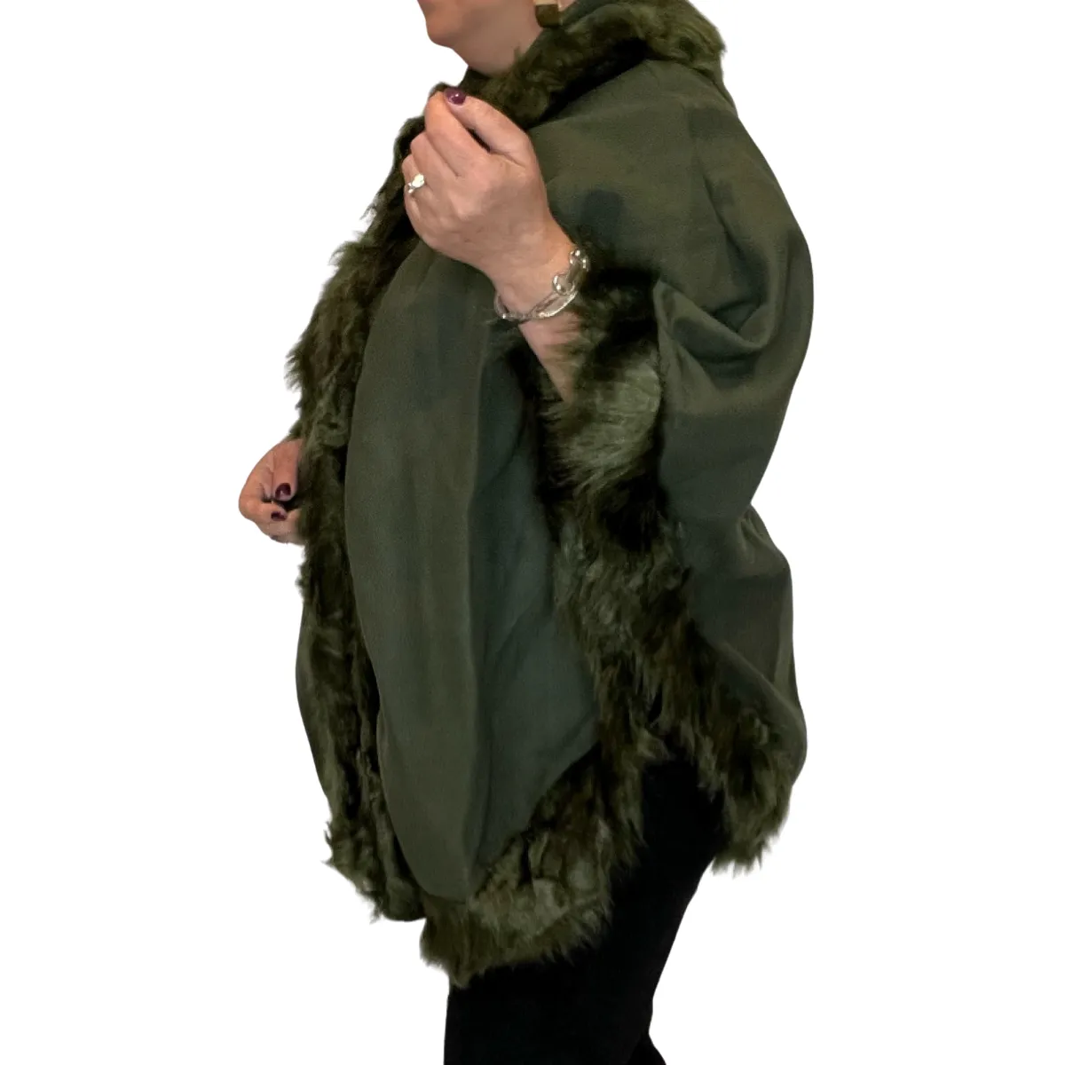 WOOL PONCHO CAPE COAT FAUX FUR EDGING   HOOD