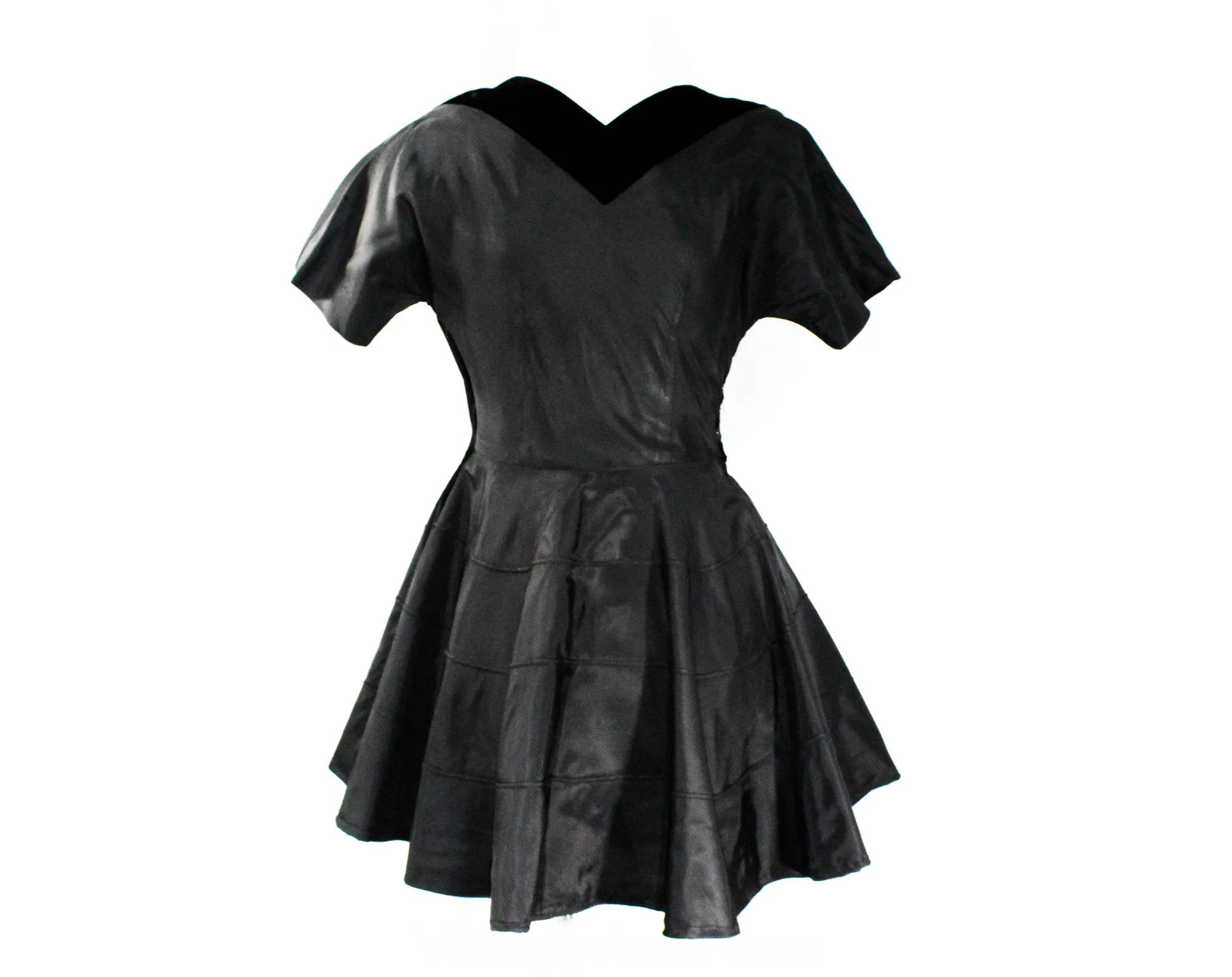 XS 1950s Black Taffeta Full-Skirted Top with Velvet Neckline - Size 2 New Look 50s Evening Bodice with Circle Skirt Style Peplum & Pockets