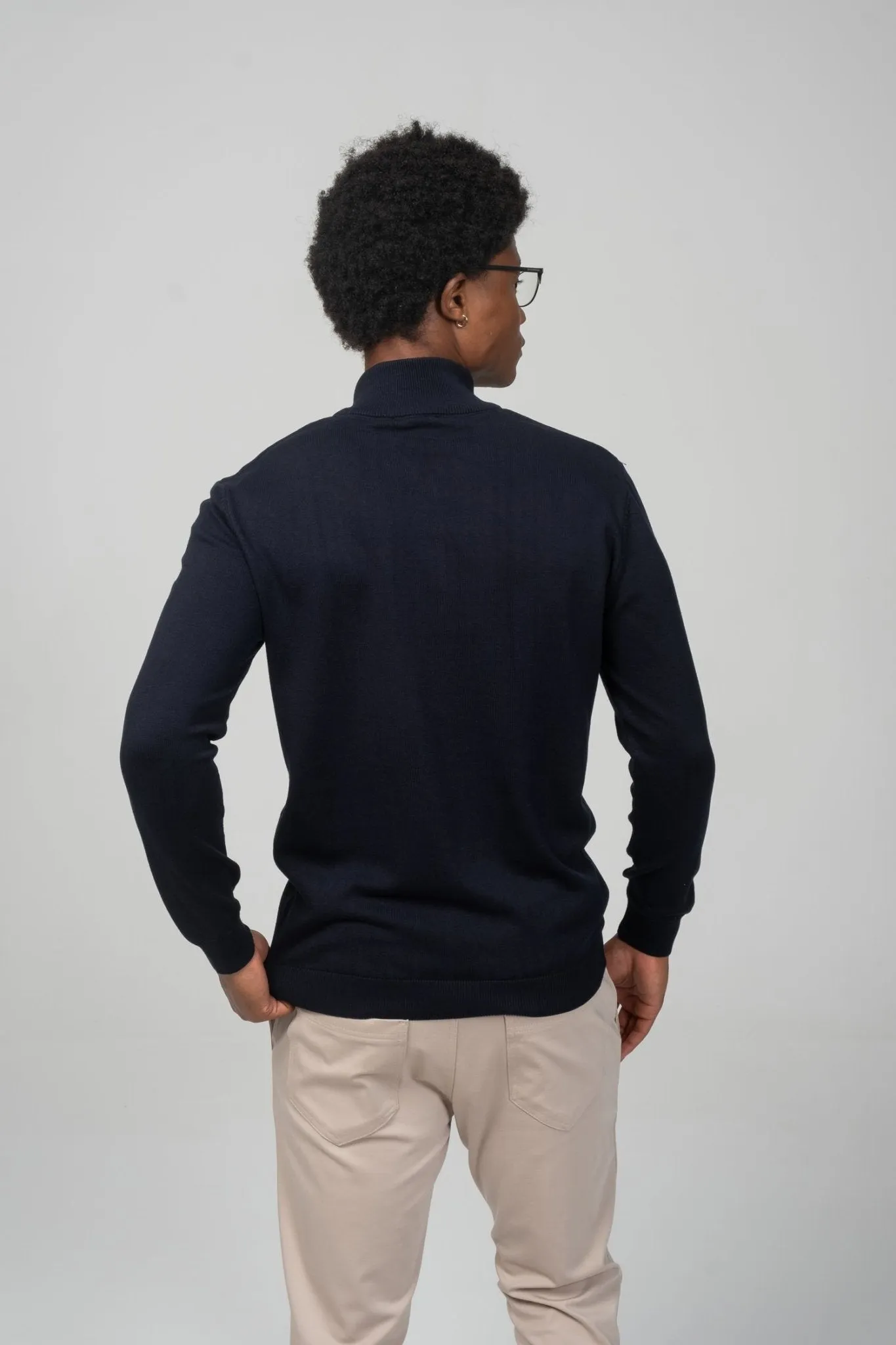 Zipper Closure Mock Neck Sweater - Navy