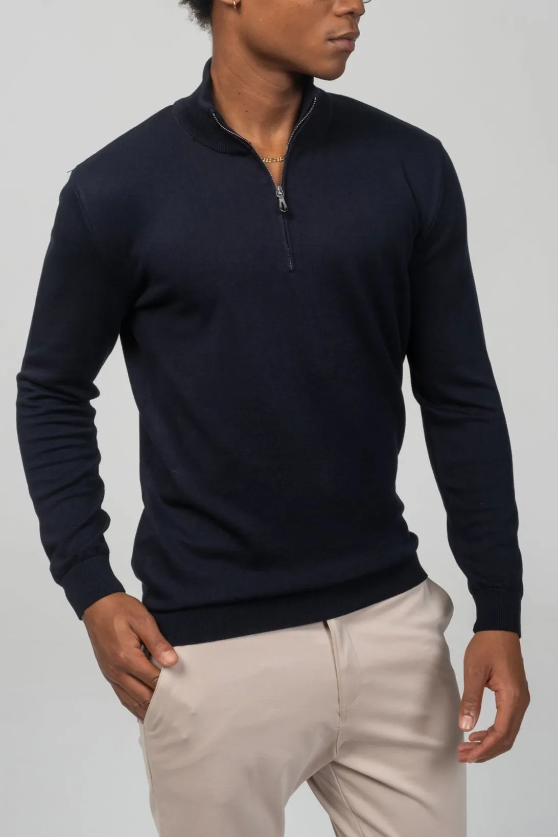 Zipper Closure Mock Neck Sweater - Navy